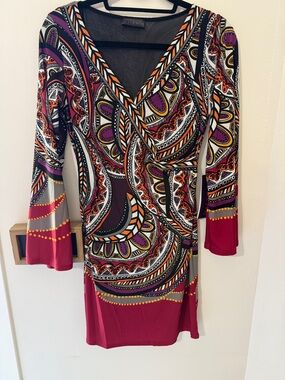 Hale Bob Multicolor Paisley Wrap Dress with Red Accents